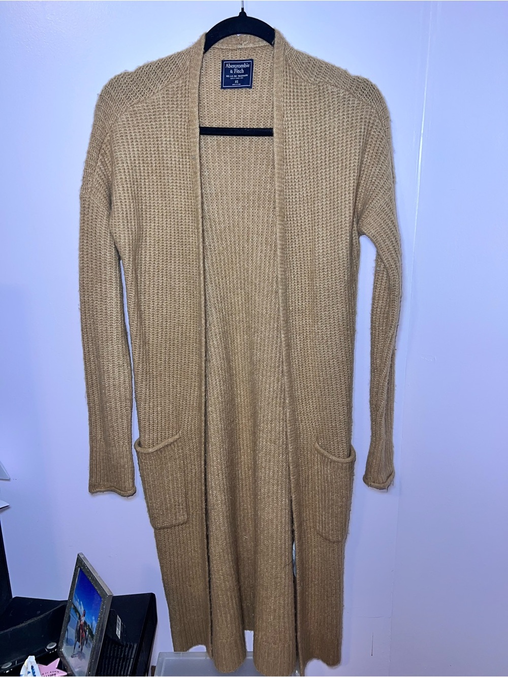Abercrombie & Fitch Camel Open-Front Ribbed Long Cardigan